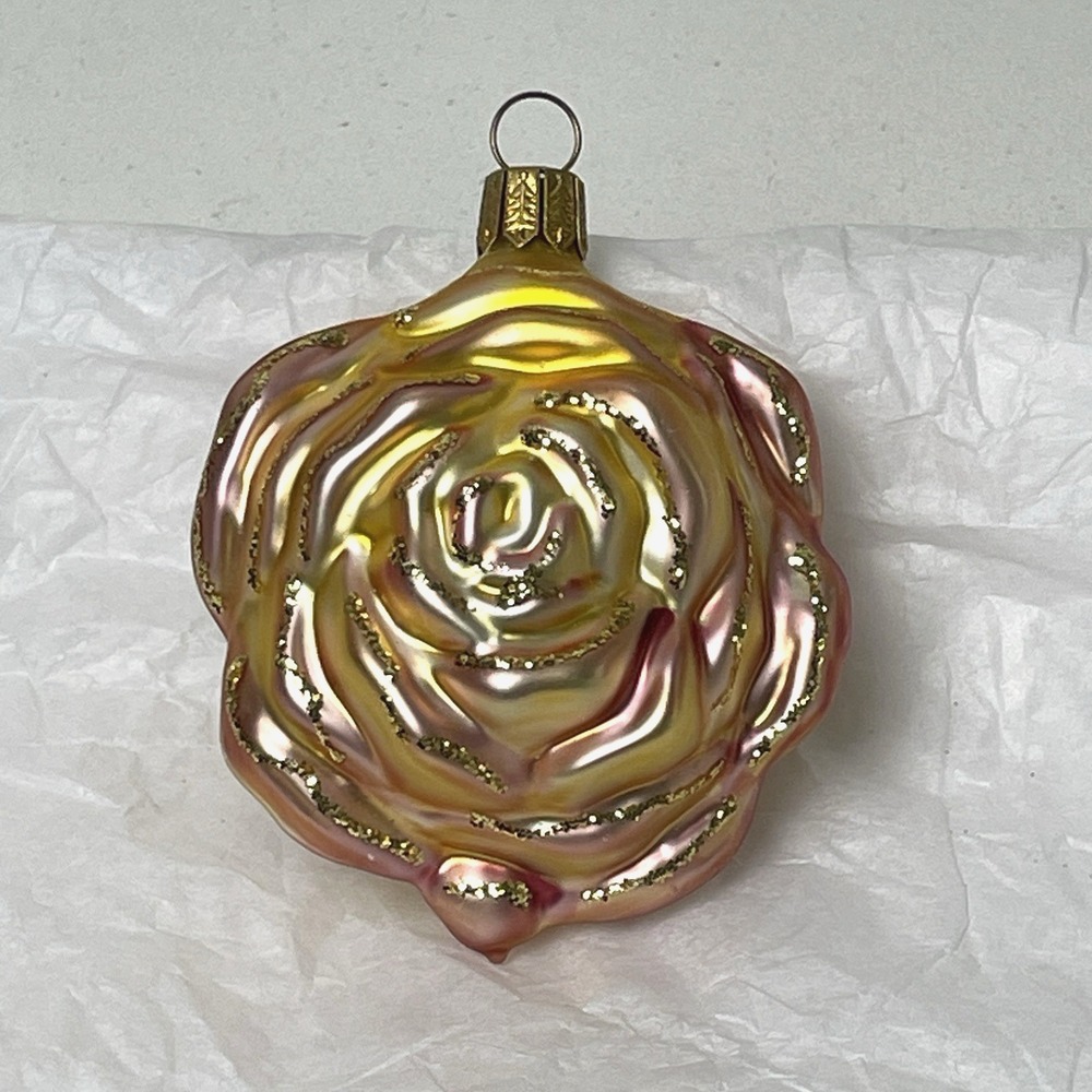 Vintage German Blown Glass Christmas Ornament Rose Gold Glitter Flower 3.5"